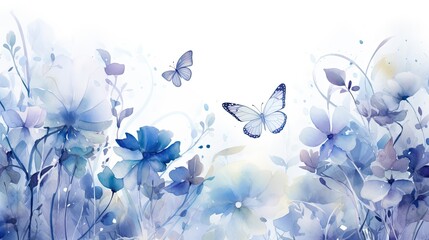 a blue watercolor painting of flowers with butterflies