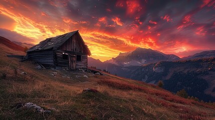 Fiery sunset skies crown an old wooden cabin, a forgotten relic framed by autumn's embrace. - obrazy, fototapety, plakaty