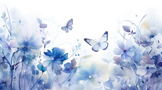 Fototapeta a blue watercolor painting of flowers with butterflies