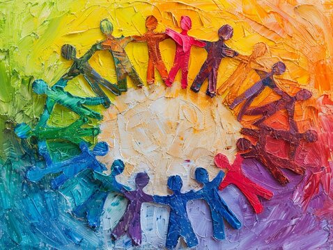 A circle of family members each one drawn with distinct colorful pastel strokes representing unity and diversity within the bond