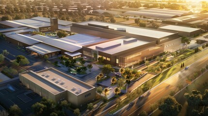 A large building with a lot of windows and a green area in front of it. The building is surrounded by trees and a road