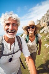 A couple of older tourists are walking near the cliff. Positive tourists. Generative AI.