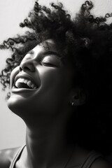 Fototapeta premium Close-up portrait of an African-American girl against a wall, laughing with her head thrown back, happy. Generative AI.