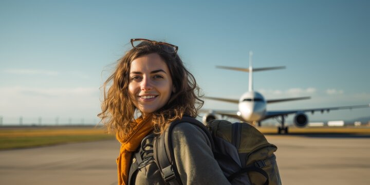 A happy young girl with a backpack behind her is standing at the airport near the plane. Generative AI.