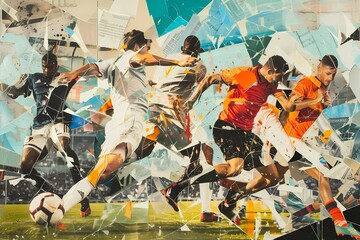 Collage paper of football players playing football. Colorful Papers.