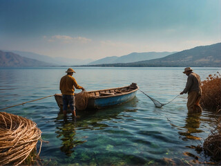 Tranquil Evening by the Lake Couple Enjoying Fishing with Stunning Mountain Views and Colorful Sunset Reflection