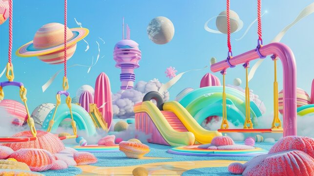 A colorful, whimsical playground with a giant slide and a rocket ship in the background. The sky is blue and the sun is shining
