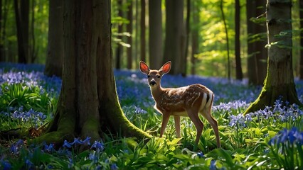 Naklejka premium Whitetail deer in a forest of bluebells