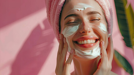 Happy Woman Applying Face Cream in Pink Bathroom
