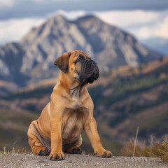Bullmastiff puppy sitting calmly displaying its naturally noble and gentle demeanor - obrazy, fototapety, plakaty