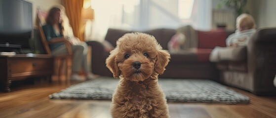 Poodle puppy practicing its first tricks in a living room surrounded by proud family members