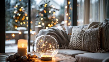 A cozy living room decorated for Christmas, featuring comfortable sofas and decorative pillows with white cushions, adorned with stars and lights