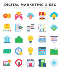 DIGITAL MARKETING & SEO Flat icons collection. 25 icon set. Vector illustration.