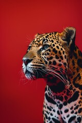 Close-up portrait of a jaguar with a vivid red background, highlighting its detailed fur pattern and intense gaze