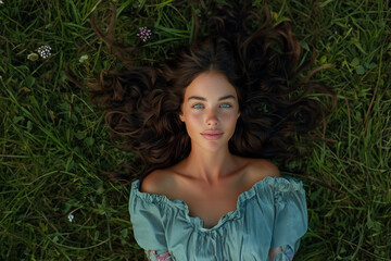 Beautiful young woman with very long volume shine natural healthy hair smiling lying on grass field on nature background top view hair products concept
