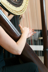 Middle aged harpist playing a traditional harp