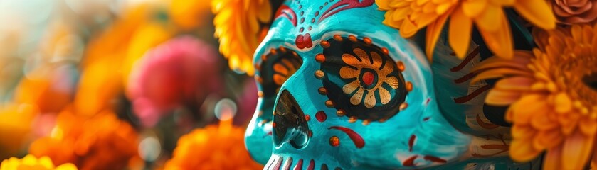 turquoise sugar skull adorned with intricate floral patterns and marigolds in vivid Day of the Dead celebration