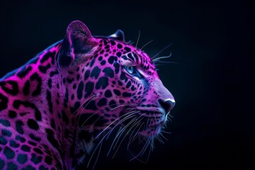 A side view of a jaguar with a striking purple hue standing out in sharp contrast to the dark backdrop