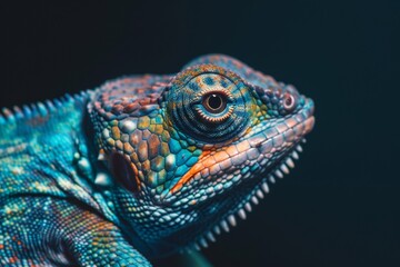 Fototapeta premium Close-up of a beautiful iguana against a dark background, showcasing detailed skin and a focused eye