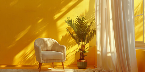 House interior plant, minimal empty room, yellow background