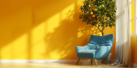 Interior orange tree plant, minimal empty room, yellow background