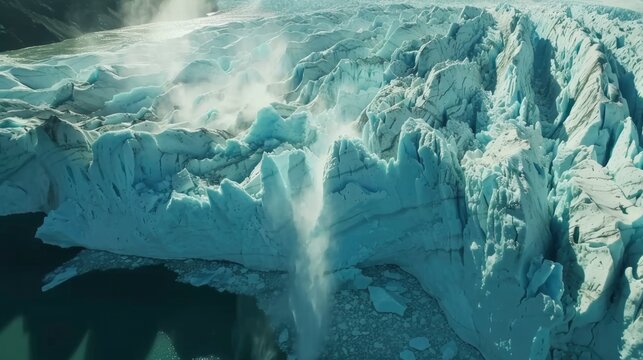 A large body of ice with a waterfall flowing out of it. Concept of awe and wonder at the power of nature