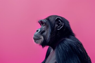 side portrait of a chimpanzee on pink background