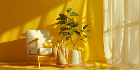 Interior comfy room, minimal empty room, yellow background