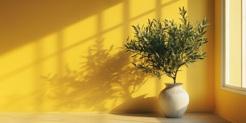 Interior olive plant, minimal empty room, yellow wall art.
