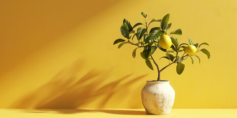 Lemon tree plant in ceramic vase, interior design, mediteranean style