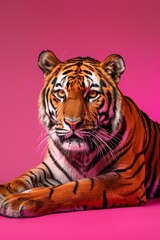 Fototapeta premium tiger in a sitting pose on pink background
