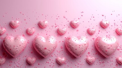 Valentine's Day Pink Hearts and Droplets Background - obrazy, fototapety, plakaty