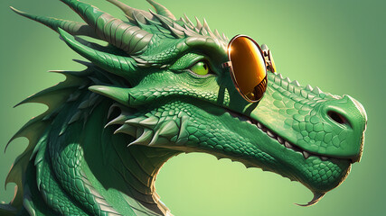 Portrait of the green Dragon with a sunglasses