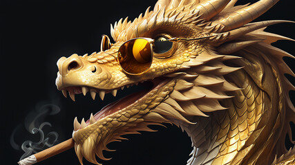 Portrait of the golden Dragon with a sunglasses