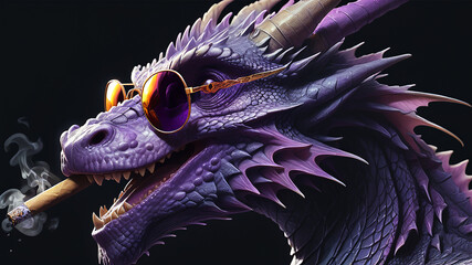 Portrait of the purple Dragon with a sunglasses - obrazy, fototapety, plakaty