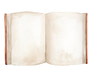 Watercolor illustration book isolated on white background. Open book brown colors. Vintage old textbooks watercolor hand drawn. Blank pages for inserting text