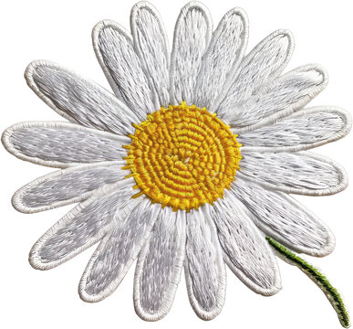 Vibrant daisy flower embroidered patch cut out on transparent background