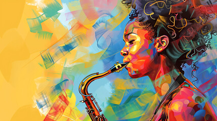 A woman artistically plays saxophone on a colorful abstract background. A vibrant jazz performance. Jazz Appreciation Month, Music Festival, Competition - obrazy, fototapety, plakaty