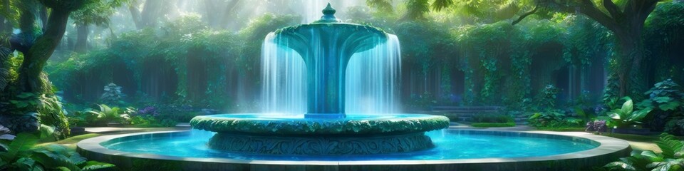 Abstract illustration of a fountain in a tropical forest park. Background for poster, banner, social media, place for text	
