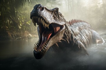 Spinosaurus emerging from a mist-covered swamp - obrazy, fototapety, plakaty