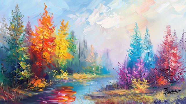 Oil painting landscape, colorful trees. Hand Painted Impressionist, outdoor landscape