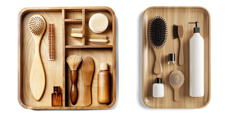 Wooden tray with hair scalp massager, cosmetic products, and body brush  isolated on a transparent background 

