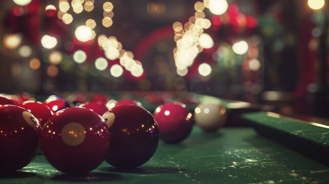An immersive close-up of snooker balls and cues on the table