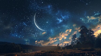 Imagination unfolds under a tranquil night sky highlighted by the gentle crescent moon - obrazy, fototapety, plakaty