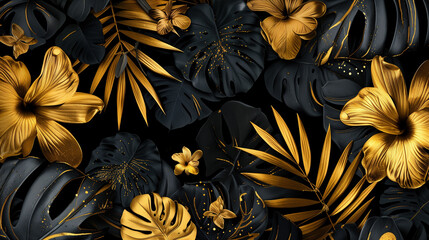 Gold and black tropical flowers background