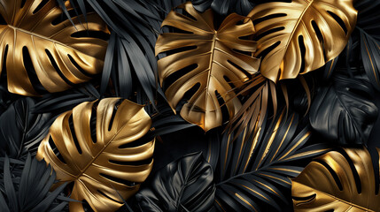 Gold and black tropical leaves background