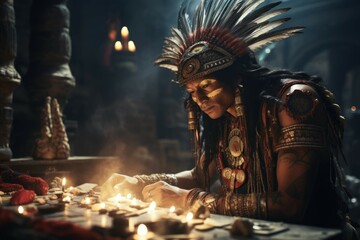 Aztec priest performing sacred ritual in temple - obrazy, fototapety, plakaty
