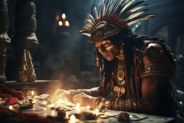 Aztec priest performing sacred ritual in temple