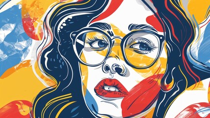 Woman portrait with glasses in modern abstract style. Hand drawn raster seamless pattern for your contemporary fashion design