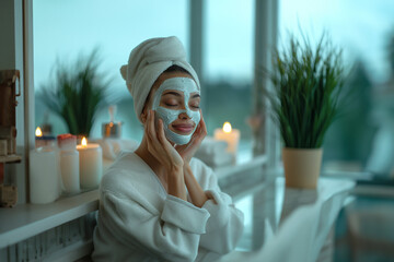 Cosmetology, skin care, face treatment, spa, natural beauty concept. Beautiful smiling woman at home in bathrobe with a towel applying face clay mask against acne to rejuvenate problem skin